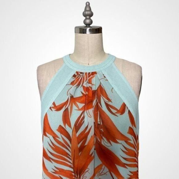 H&M Chiffon Halter Tank Top Tropical Palm Leaf Print Aqua Orange 6 Small - Picture 8 of 10